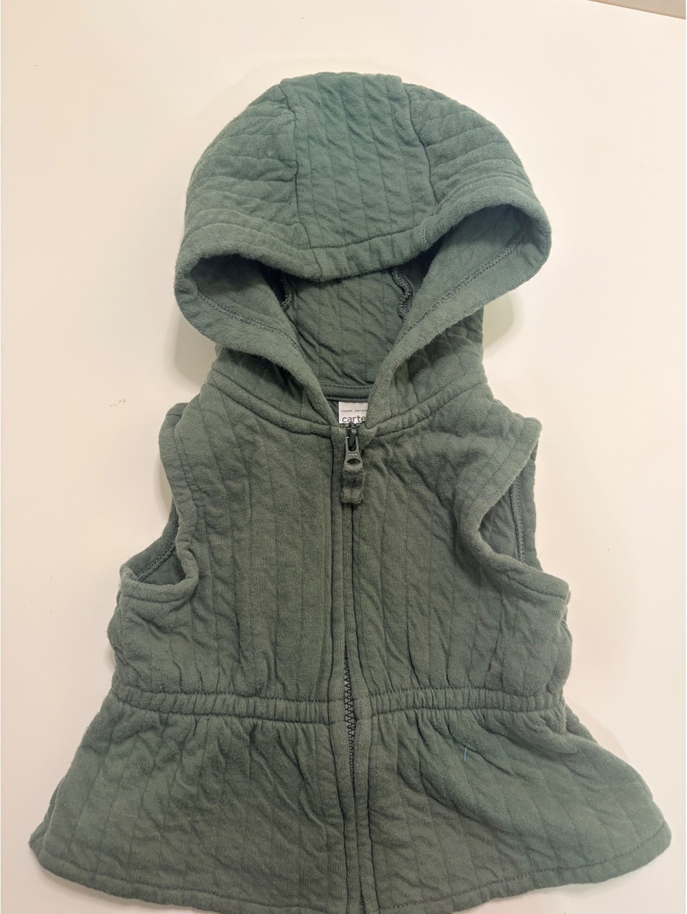 Sage Green Quilted Hooded Peplum Zip Vest Size 6-9 Months